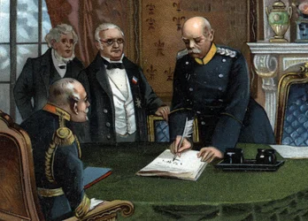 Trattato preliminare di pace del 26 febbraio 1871 firmato a Versailles, fine della guerra franco-prussiana tra il capo del potere esecutivo della Repubblica, il signor Adolphe Thiers, e il ministro degli Affari Esteri, il signor Jules Favre, rappresentanti