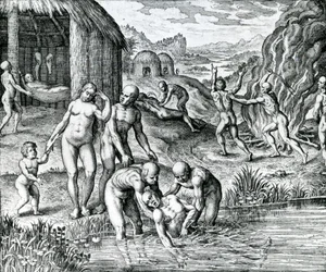 Quibus remediis contra morbos utantur Indiani, illustrazione tratta dalla "Pars Decima Americae", pubblicata da Hieronymous Galler.