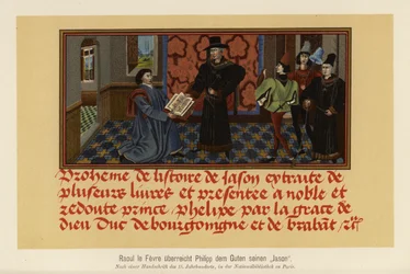 Raoul Lefevre presenta un manoscritto della sua Histoire de Jason a Filippo il Buono, duca di Borgogna (litografia a colori)