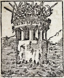 Ratti che attaccano una torre - incisione tedesca del XVI secolo