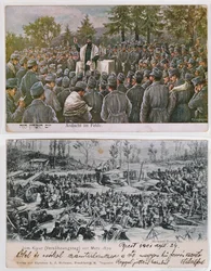 Servizi religiosi sul campo di battaglia, immagine superiore che mostra soldati ebrei tedeschi in preghiera durante la Prima Guerra Mondiale, sotto un servizio di Yom Kippur a Metz durante la guerra franco-prussiana del 1870 (colore)