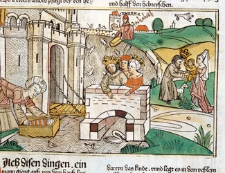Salvataggio di Mosè, scena della Bibbia di Norimberga scritta in tedesco, ...
