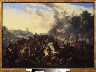 Scena di battaglia. Cavalieri e cavalli ammassati durante un combattimento