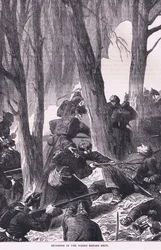 Scaramuccia nei boschi prima di Metz, Cassells History of the War between France and Germany pubblicato da Cassell and Company Limited, c.1890 (litografia)