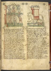 Sloane 361, f.27 Re Codro si offre di essere ucciso per il suo popolo, ed Eleazar Maccabeo che pugnala l