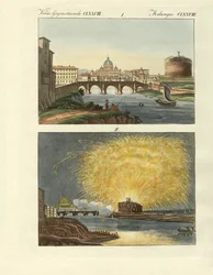 Strani edifici a Roma (incisione colorata)