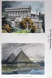 Tempio di Diana a Efeso e le Piramidi di Giza, da una serie delle Sette Meraviglie del Mondo pubblicata in Munchener Bilderbogen, 1886