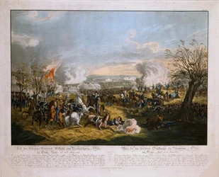 La morte del Duca Federico Guglielmo di Brunswick (1771-1815) - alla Battaglia di Quatre Bras, 16 giugno 1815, pubblicato da J.L. Rugendas, 1815