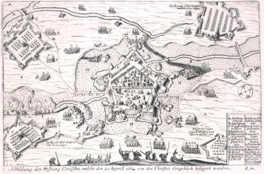 La Fortezza di Canischa assediata invano dai Cristiani nel 1664, illustrazione da un libro sulle campagne ottomane in Europa, inciso da Paul Furst