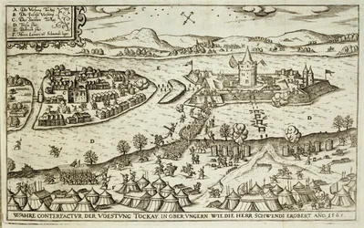 La città di Tokay recuperata dai Turchi da Herr Schwendi nel 1565, illustrazione da un libro sulle campagne ottomane in Europa, inciso da Paul Furst (c.1605-66)