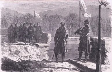 Le trattative di pace - un incontro al Ponte di Sevres, Cassells History of the War between France and Germany pubblicato da Cassell and Company Limited, c.1890 (litografia)