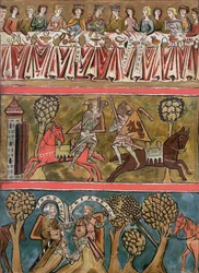 Tre scene da Parsifal di Wolfram von Eschenbach (m. c.1230) facsimile da un manoscritto del XIII secolo