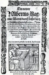 Pagina del titolo per un nuovo Alberto Magno: sei brevi libri che descrivono molti dei segreti della natura, pubblicato nel 1514 (xilografia e tipografia)
