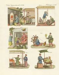 Mestieri, arti e lavori manuali in Cina (incisione colorata)