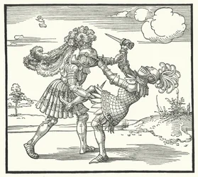 Due cavalieri che combattono a piedi