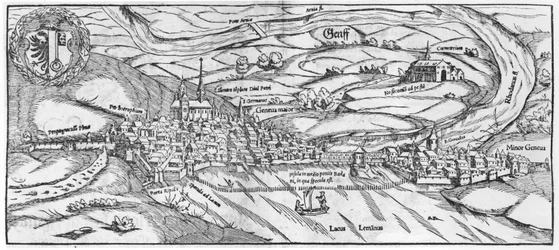 Veduta di Ginevra, da Cosmographie Universelle di Sebastien Munster (1488-1552) Basilea, pubblicato nel 1559