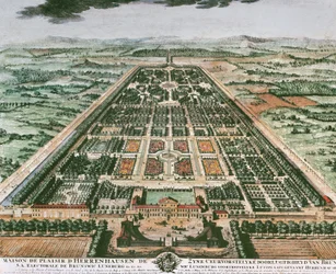 Vista del giardino del Castello di Herrenhausen, circa 1708, stampa a colori, Germania