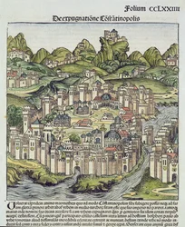 Veduta della città murata di Costantinopoli, dal Cronaca di Norimberga di Hartmann Schedel, 1493