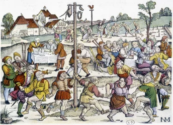 Danza del villaggio intorno al palo della cuccagna - immagine tedesca del XVI secolo di Nikolaus Meldemann