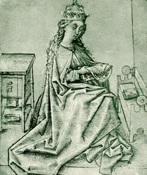 Vergine Maria che prega in una camera gotica
