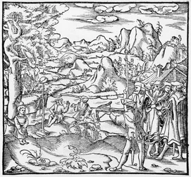 Guglielmo Tell, illustrazione da Cosmographie Universelle di Sebastien Munster (1488-1552) Basilea, pubblicato nel 1559