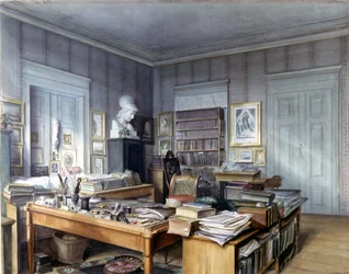 Stanza di lavoro di Wilhelm Grimm (1786 -1859) a Berlino, 7 Linkstrasse. Incisione di Mr. Hoffmann. Nationalmuseum, Norimberga. 1860