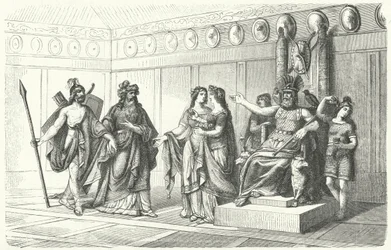 Wotan che riceve i musicisti introdotti da Bragi, il dio della poesia e del canto
