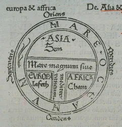 f.177v Mappa T-in-O, con nomi di luoghi in caratteri tipografici, da Isidoro di Siviglia, Liber Etimologiarvm
