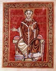 Il vescovo Egberto di Treviri riceve il salterio dalle mani del monaco Rudprecht (non rappresentato qui) - Miniatura del Codex Egberti della scuola di Reichenau, 980 - Cividale del Friuli, museo archeologico o Cattedrale di Cividale