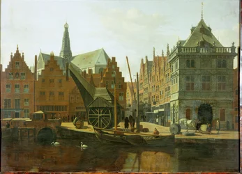 Il porto di Haarlem con le bilance pubbliche e il campanile di Saint Bavon sullo sfondo