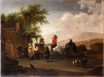 Viaggiatori a cavallo che si ristorano su un passo di montagna, in un paesaggio italianeggiante