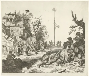 Famiglia Rom che riposa davanti a una locanda in rovina