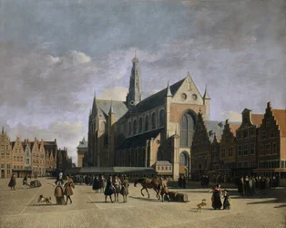 Veduta del Grote Markt e della chiesa Grote Kerk o St. Bavokerk di Haarlem