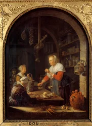 Il droghiere del villaggio (con il ritratto del pittore sullo sfondo). Dipinto di Gerard Dou, 1647