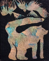 Gatto con uccelli, 2014 (sabbia e acrilico su tela)