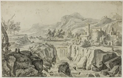 Paesaggio italianeggiante con cascata e edifici