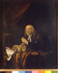 Un uomo diffidente conta i suoi soldi tenendo una borsa in mano. Dipinto di Gerard Dou (o Gerrit Dow) (1613-1675) XVII secolo Milano Museo del Castello