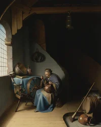 Una donna anziana al suo filatoio, mangiando porridge