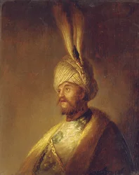 Ritratto di un uomo, busto, con un turbante con una piuma