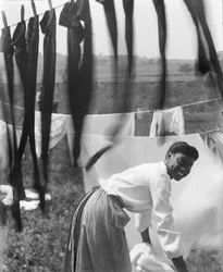 Una giovane donna afroamericana che stende il bucato ad asciugare a Newport, Rhode Island, c.1902 (foto b/n)