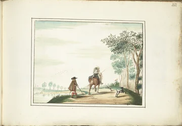 Signore e signora a cavallo e un pedone in un paesaggio