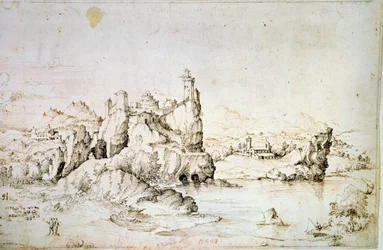 Un castello su una roccia in un paesaggio montano, 1540