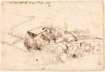 Fattoria con alberi in un paesaggio collinare, 1567