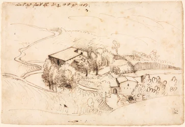 Fattoria con alberi in un paesaggio collinare (recto)