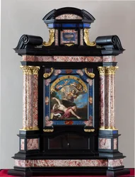 Orologio con rappresentazione di San Girolamo che ascolta la tromba del giudizio universale. Dipinto di Giacinto Brandi (1621-1691). Struttura e meccanismo realizzati da Giuseppe Campani - XVII secolo. Dim 128x100x44 cm Genova musei di strada nuova