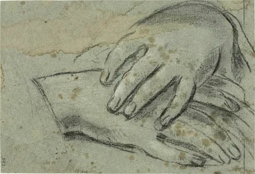Mani incrociate (recto); piede destro, parzialmente coperto da un drappeggio (verso)