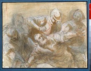 Sansone catturato dai Filistei (disegno in inchiostro marrone e lavaggio)