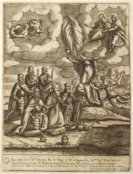 Allegoria della Lega Santa del 1571 stipulata da Papa Pio V, Filippo di Spagna e Doge di Venezia Alvise Mocenigo, incisione di Giacomo Franco (1556-1620)