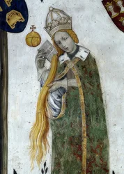Rappresentazione dei marchesi di Saluzzo e delle loro consorti come eroi e eroine storiche e mitologiche. Dettaglio: Beatrice Visconti come Aetiope, consorte di Federico I