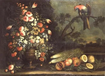 Natura morta, fiori misti, verdure e pappagallo